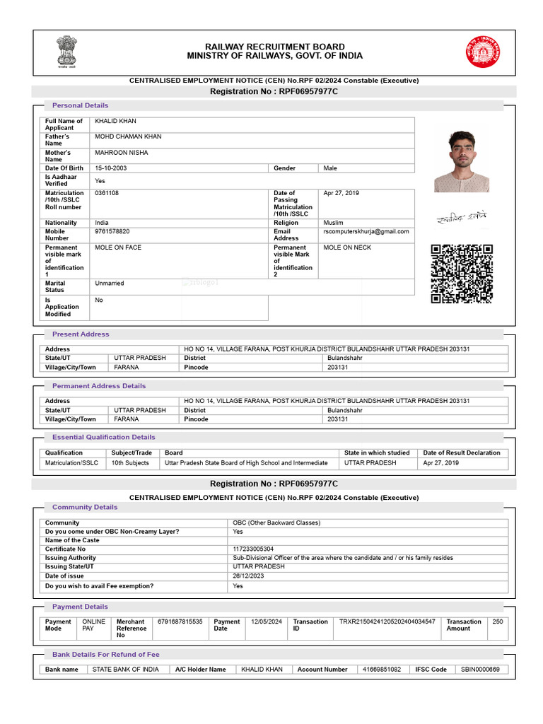 RPF 2024 Constable Application Details | PDF
