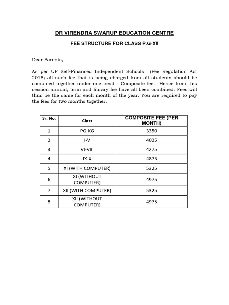 Fee Structure for Class P.G-XII | PDF