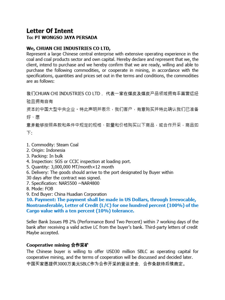 Letter of Intent Wongso Batubara | PDF