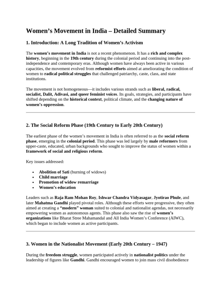 Summary of Women's Movement in India | PDF | Gender Studies | Feminism