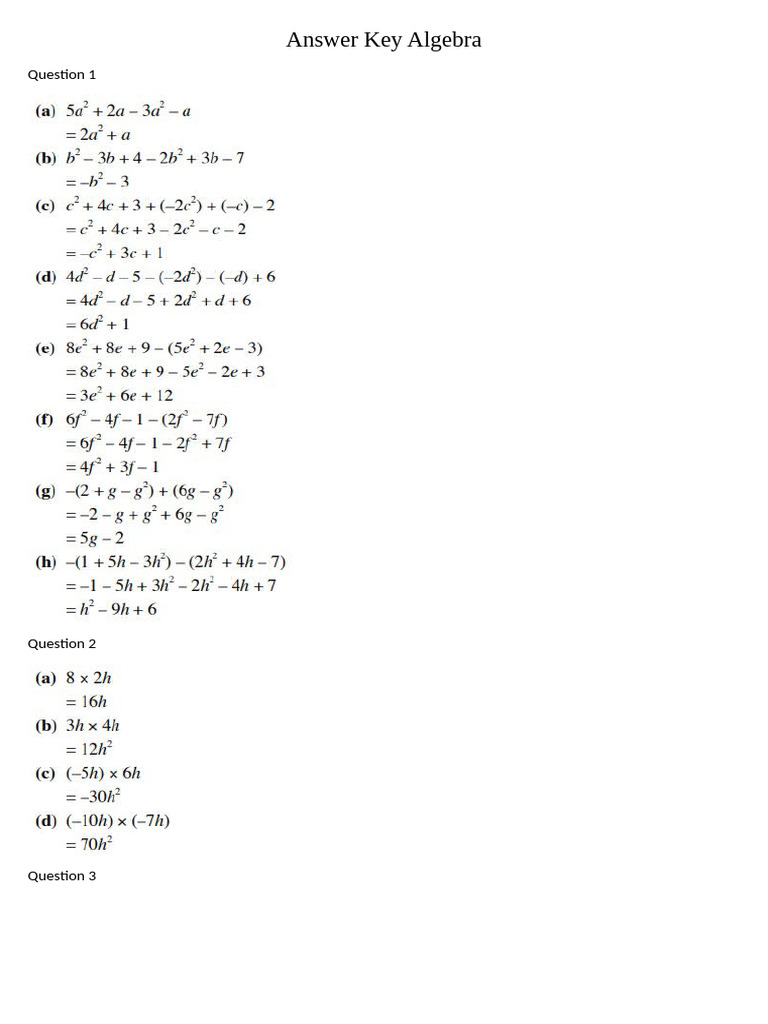 Algebra Answer Key for Assessment | PDF