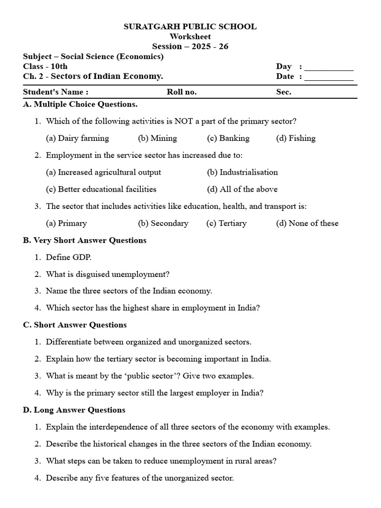 Class 10 Worksheet: Indian Economy Sectors | PDF | Economy Of India ...
