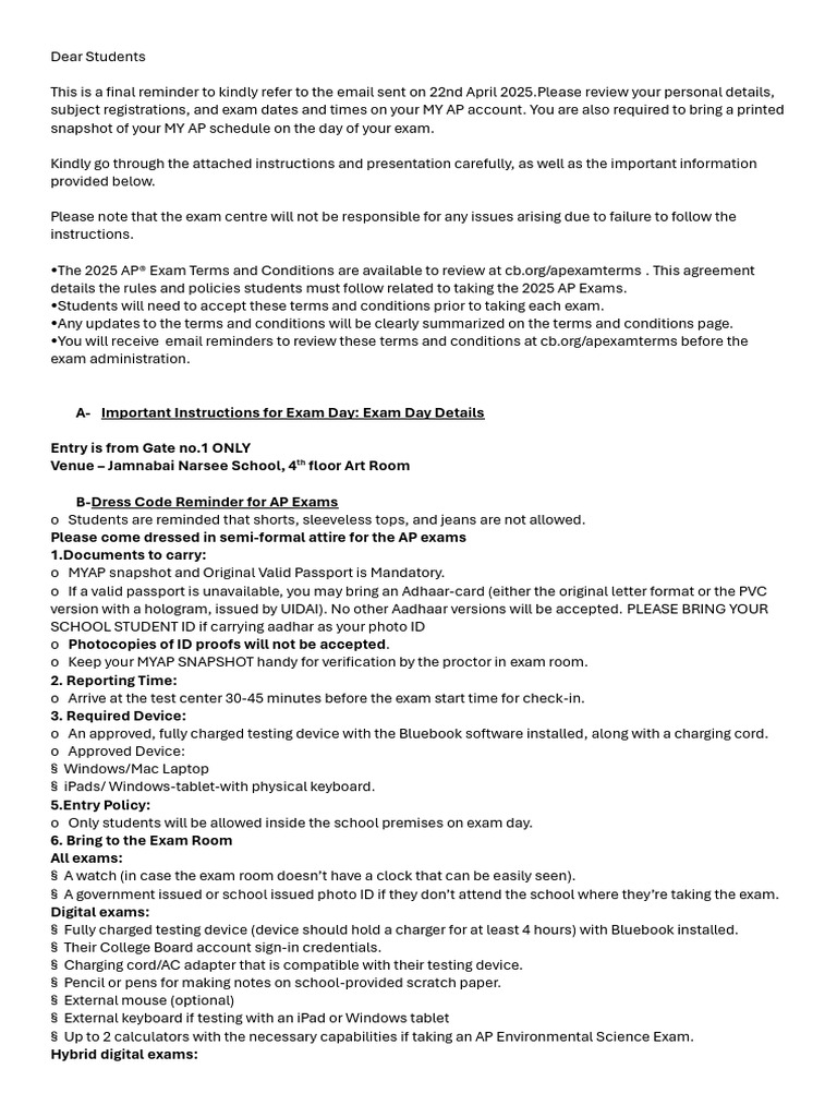 2025 AP Exam Day Instructions | PDF | Multiple Choice | Smartwatch