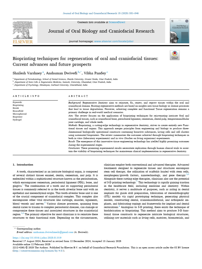 Bioprinting Techniques For Regeneration of Oral and Craniofacial ...