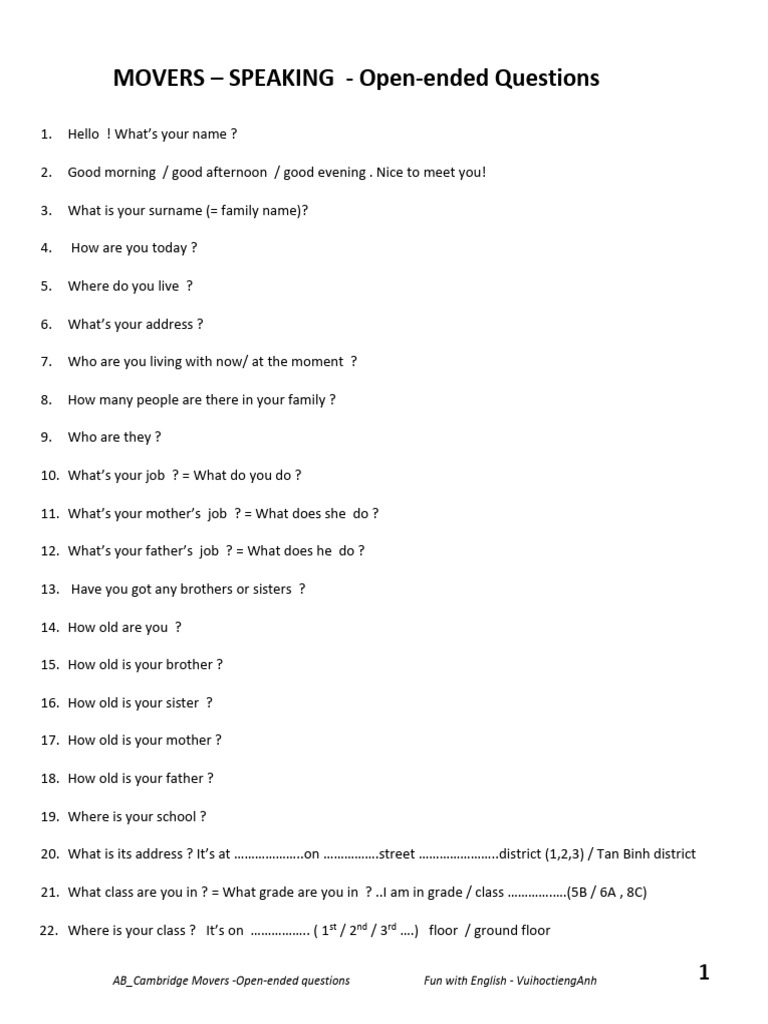 Open-Ended Question listMOVERS | PDF | Sneakers