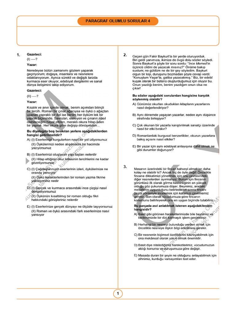 Paragraf Olumlu Sorular 4 | PDF
