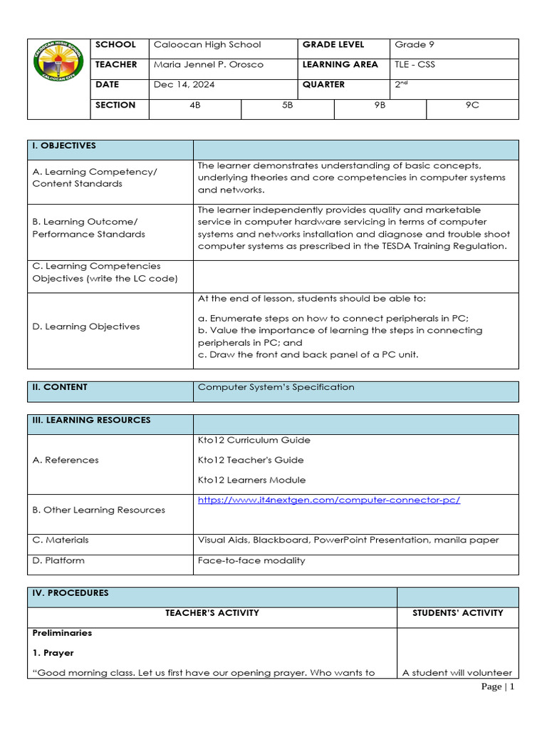 Grade 9 TLE: Connecting PC Peripherals | PDF | Usb | Electrical Connector
