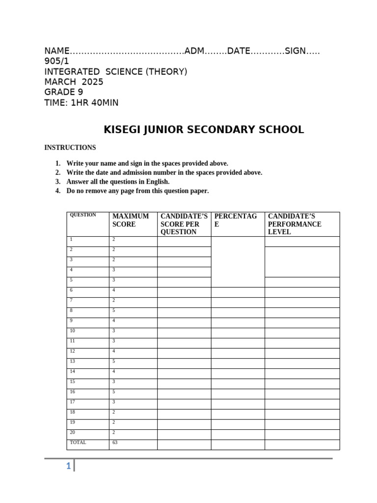 Grade 9 Integrated Science Exam 2025 | PDF | Applied And ...