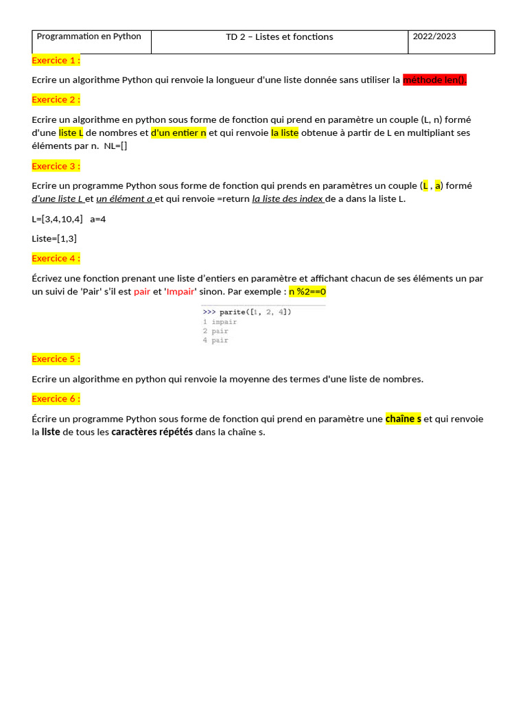 Algorithmes Python pour Listes et Fonctions | PDF