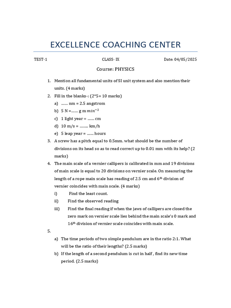 Class 9 Physics Test Paper PDF | PDF