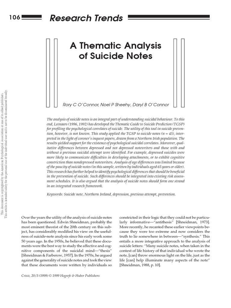 Thematic Analysis of Suicide Notes | PDF | Suicide | Mental Health ...