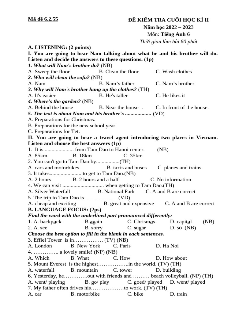 English Test for Grade 6 - Semester 2 | PDF