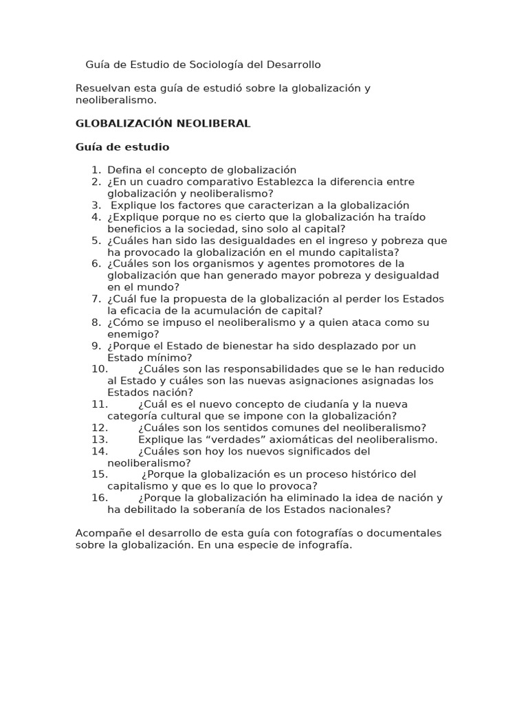 Guía de Estudio Sobre La Globalización y Neoliberalismo | PDF