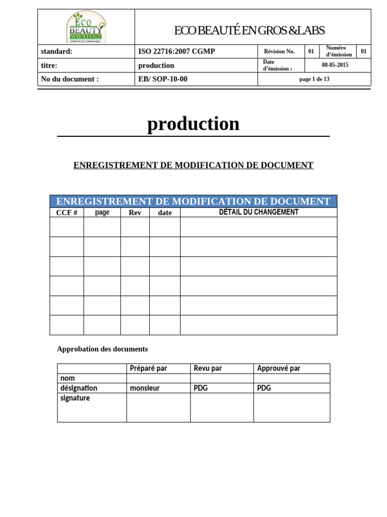 ISO 22716: Procédure de Production | PDF