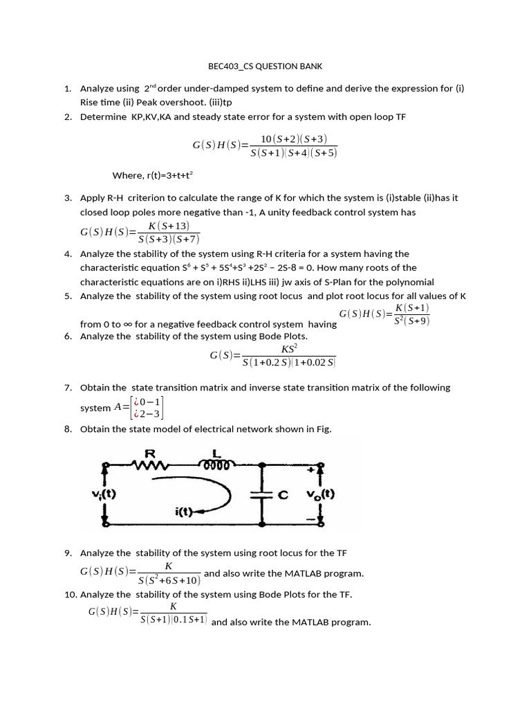 BEC403 Control Systems Question Bank | PDF | Stability Theory | Applied ...