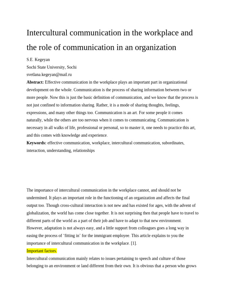 Intercultural Communication in The Workplace and The Role of ...