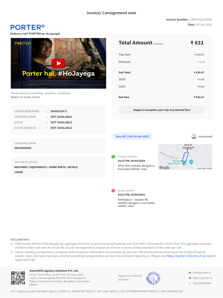 Invoice Details for Porter Services | PDF