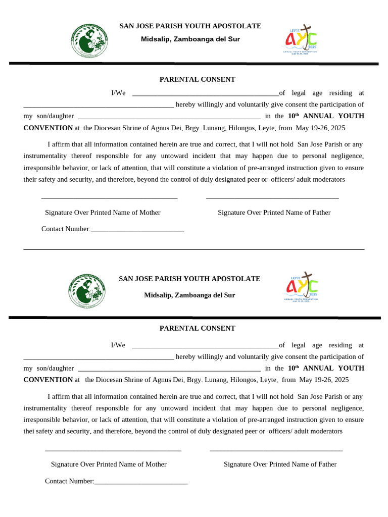 Parents Consent For Ayc 2025 Leyte | PDF
