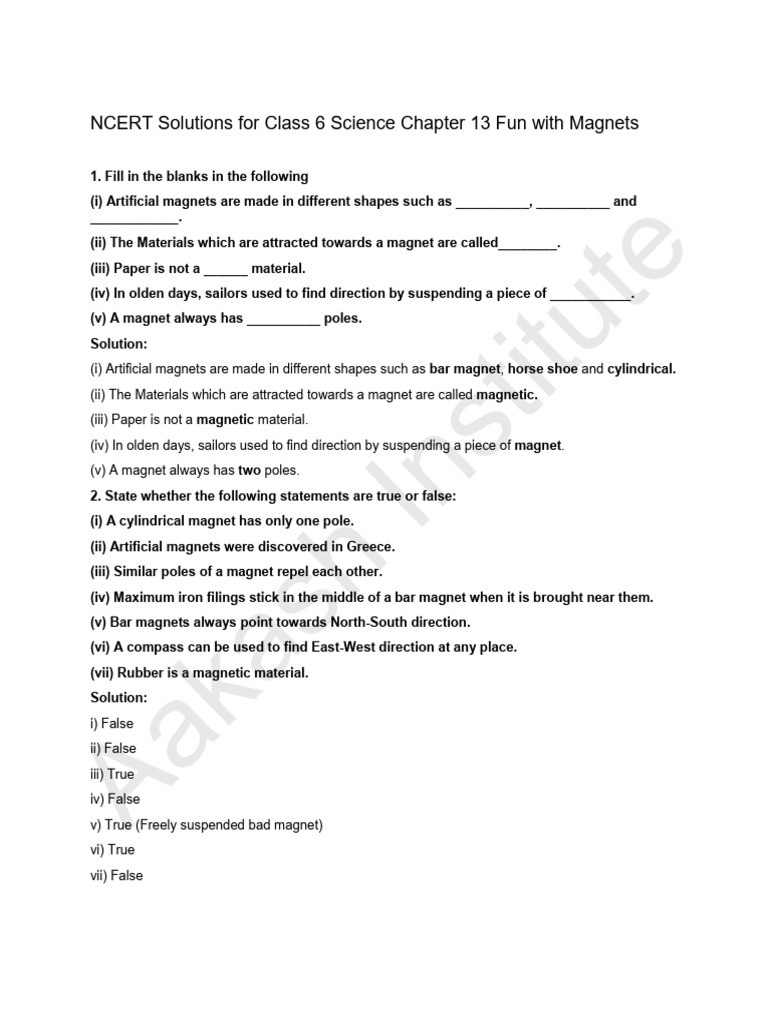NCERT Solutions For Class 6 Science Chapter 13 Fun With Magnets | PDF ...