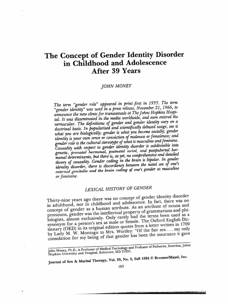 Money 1994 The Concept of Gender Identity Disorder in Childhood and ...