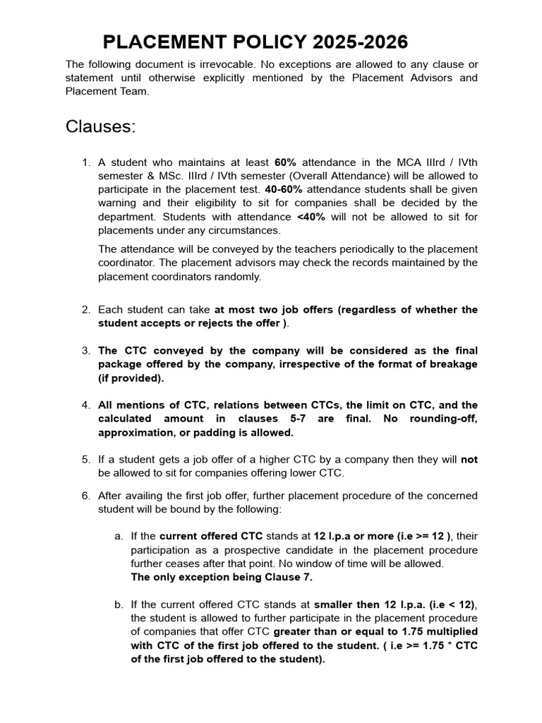 Placement Policy 2025-2026 Overview | PDF | Internship | Job Hunting