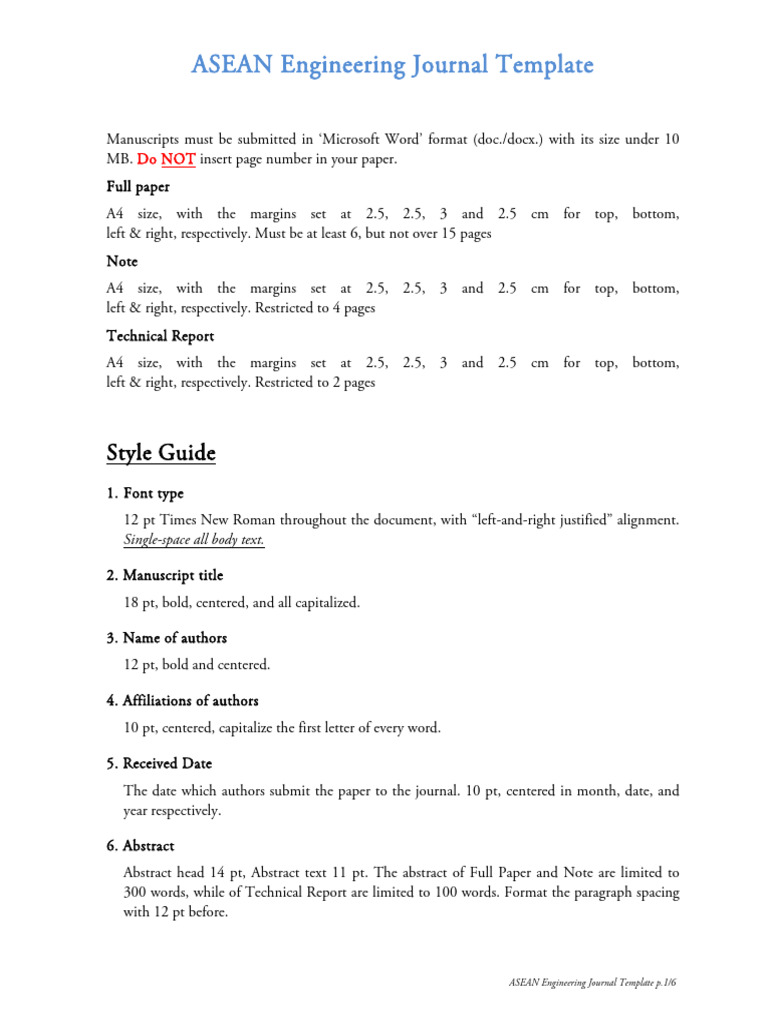 ASEAN Engineering Journal Submission Guide | PDF | Paragraph | Times ...