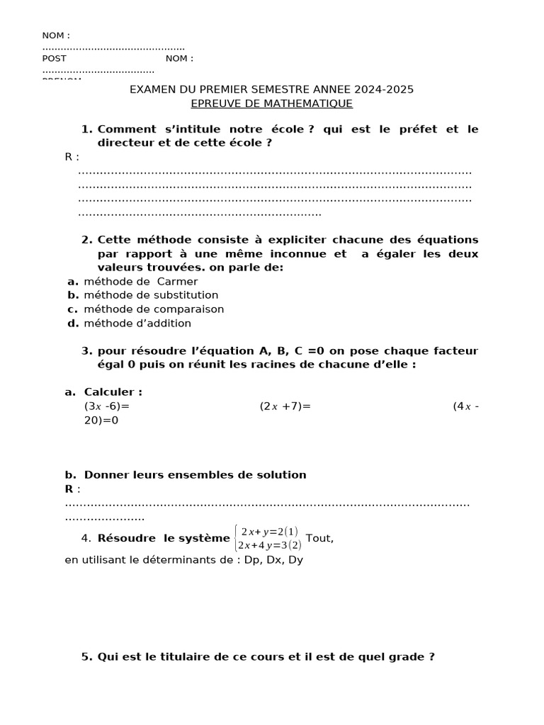 Examen Mathématiques 2024-2025 | PDF | Équations | Objets mathématiques