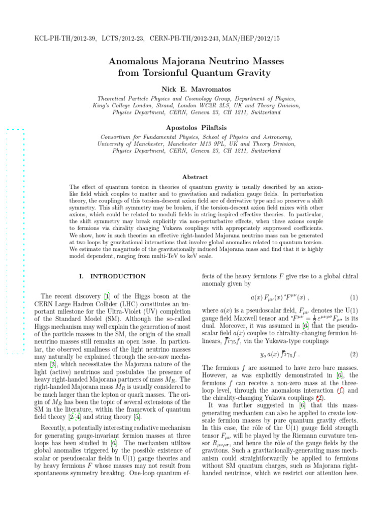 Majorana Neutrino Masses in Quantum Gravity | PDF | Fundamental ...