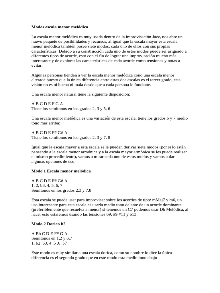 Modos Escala Menor Melódica | PDF | Escala (música) | Escala menor