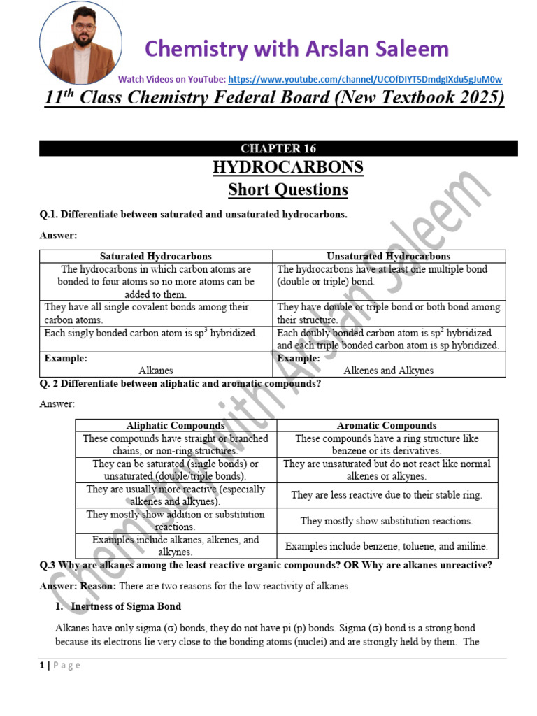 Class 11 Chapter 16 by Arslan Saleem | PDF | Alkene | Hydrocarbons