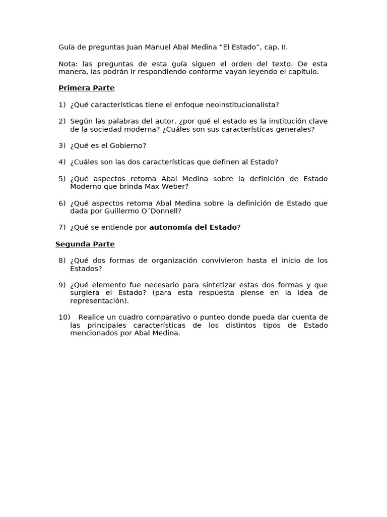 Guía de Preguntas Abal Medina Cap II - UII | PDF