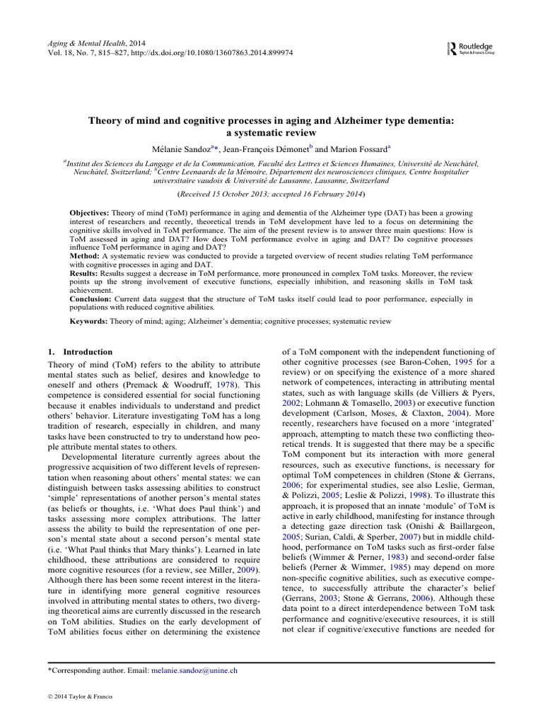 Theory of Mind and Cognitive Processes in | PDF | Dementia | Ageing