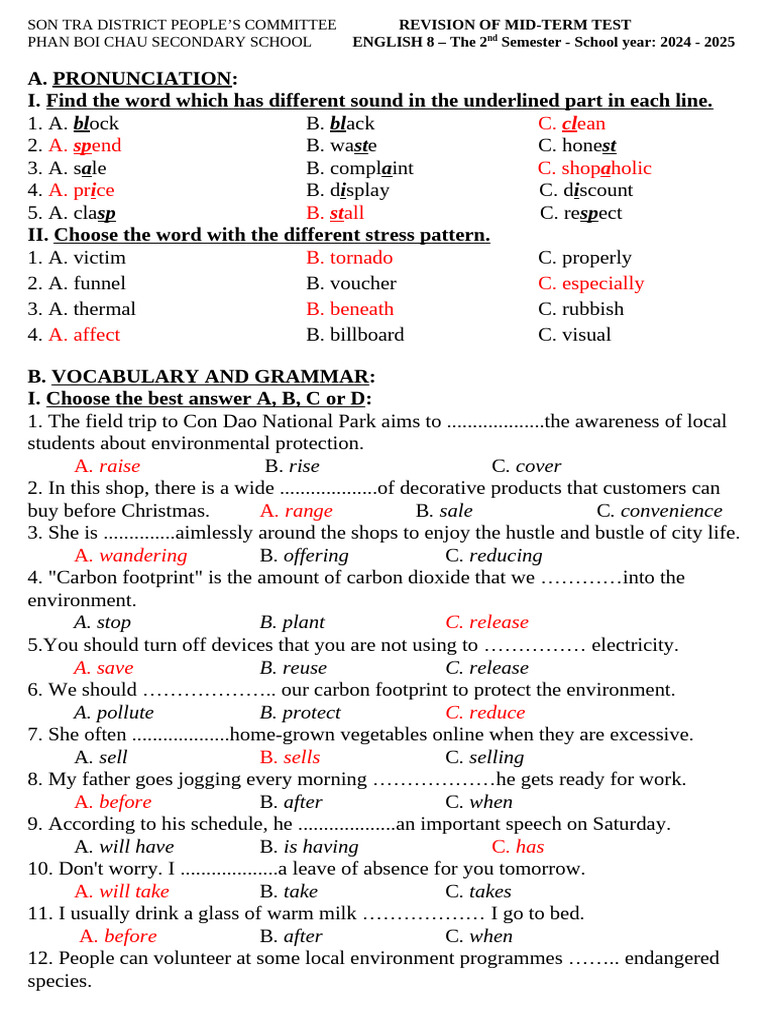 English 8 Mid-Term Test Revision | PDF | Recycling | Grocery Store