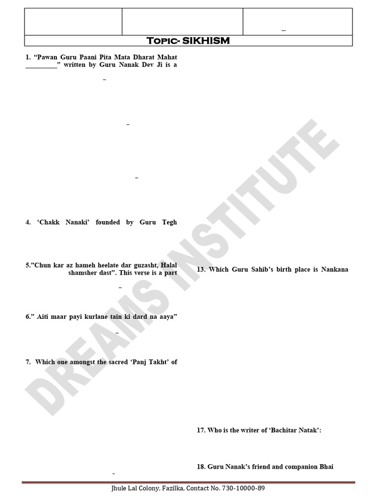 Sikhism MCQs and Answers in Punjabi | PDF | Guru Granth Sahib | Punjab