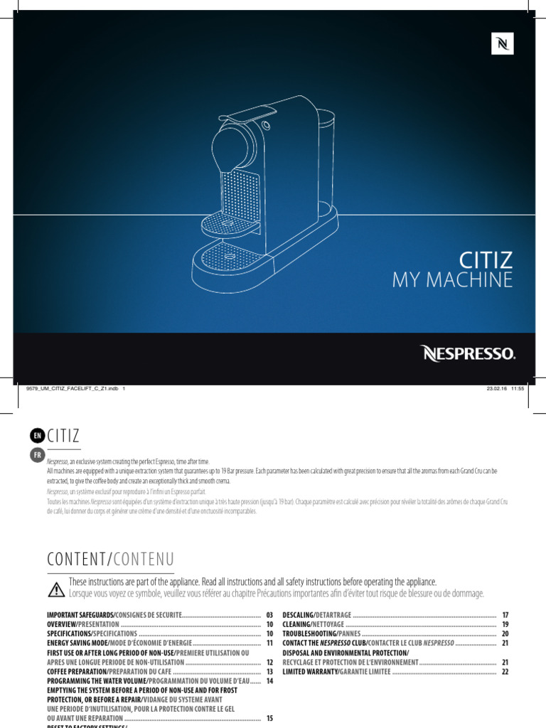 Manual de Instrucoes em Portugues Nespresso CitiZ 1 | PDF | Burn | Ac ...