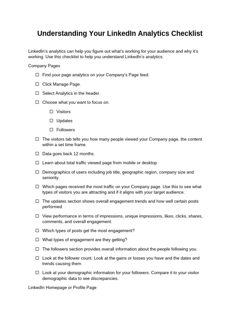 LinkedIn Analytics Understanding Checklist | PDF