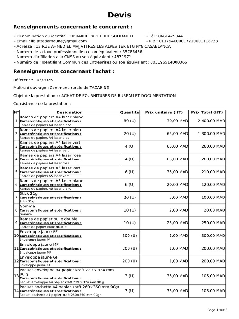 Devis Fournitures de Bureau Tazarine | PDF | Taxe sur la valeur ajoutée ...