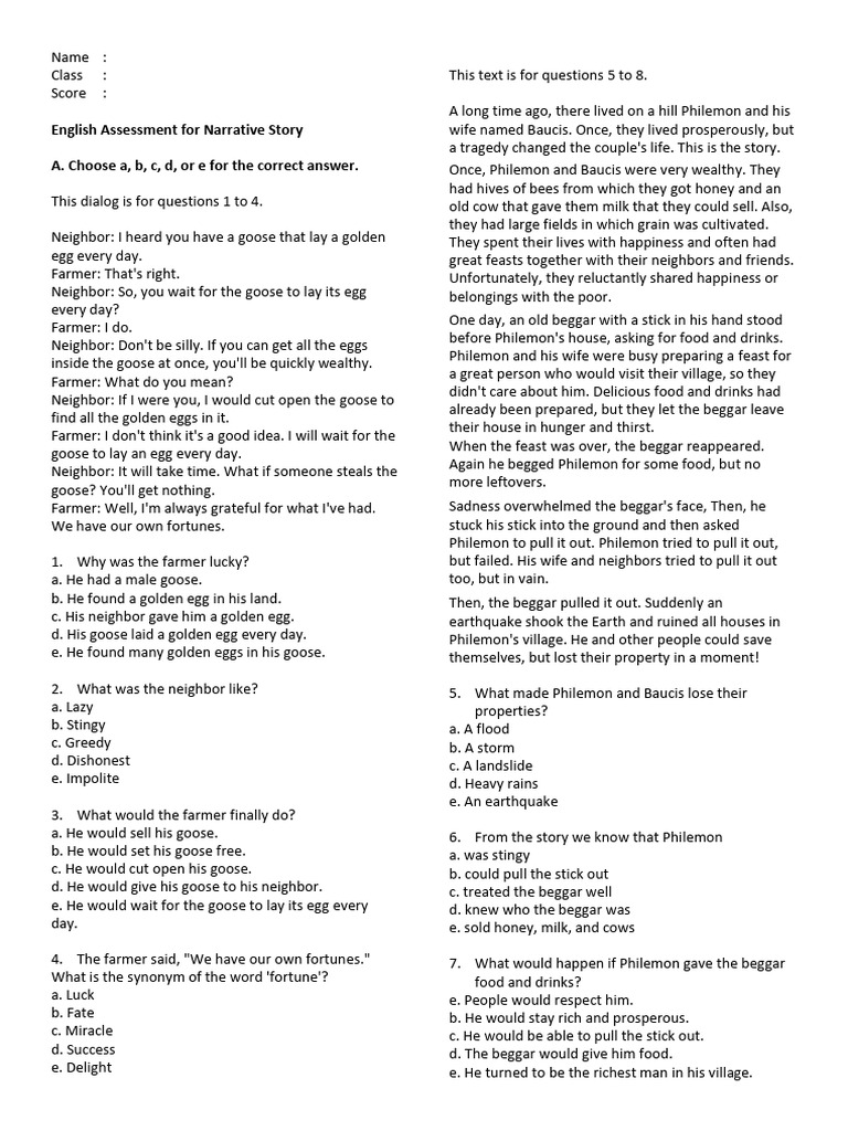 Narrative Text Assessment for Students | PDF
