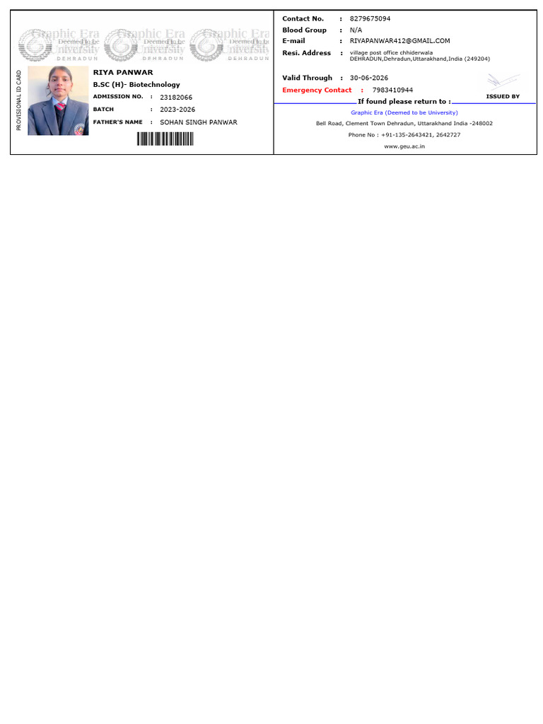 Graphic Era Provisional ID Card | PDF