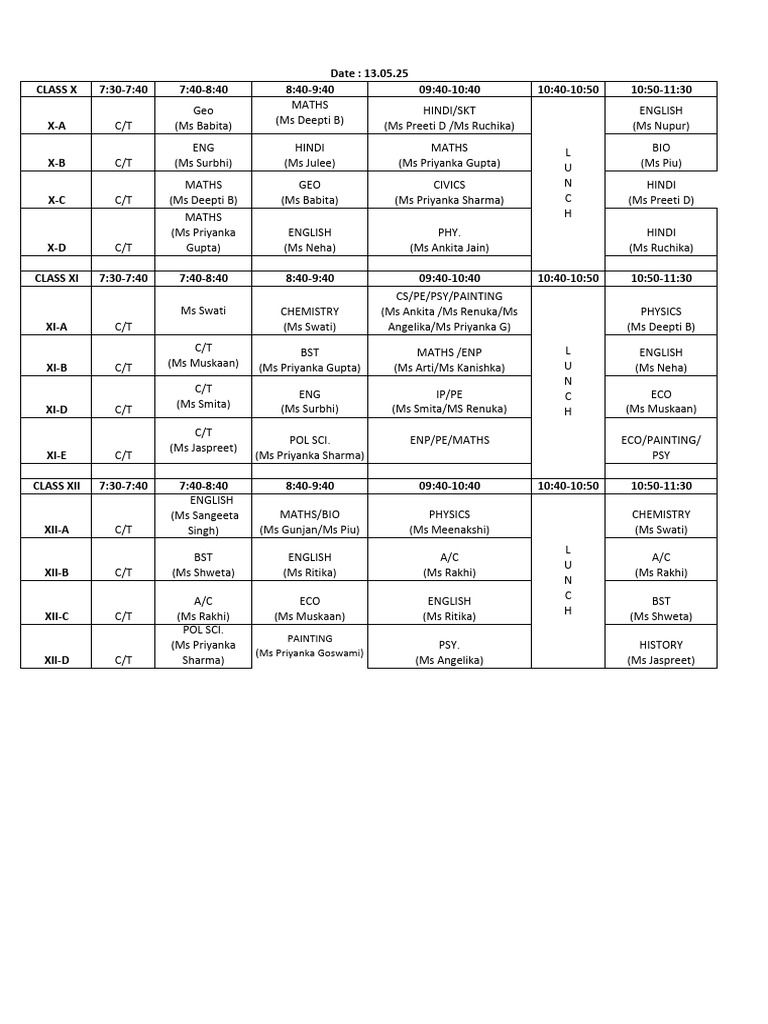 Class Schedule for Grades X-XII | PDF