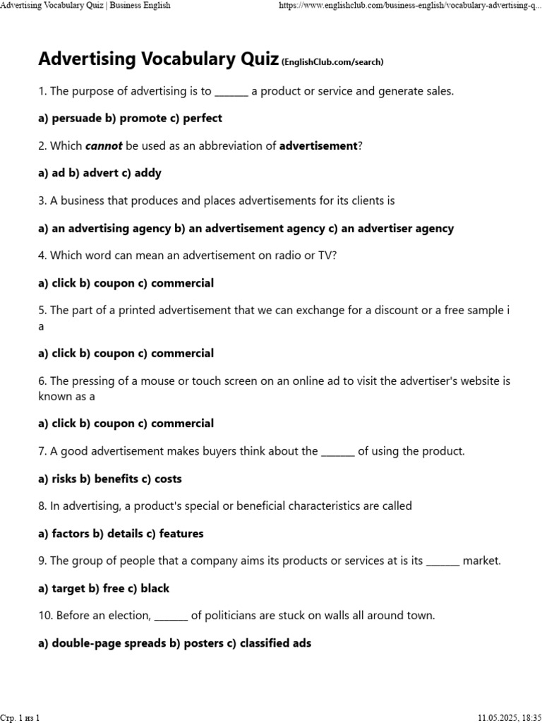 Advertising Vocabulary Quiz - Business English | PDF