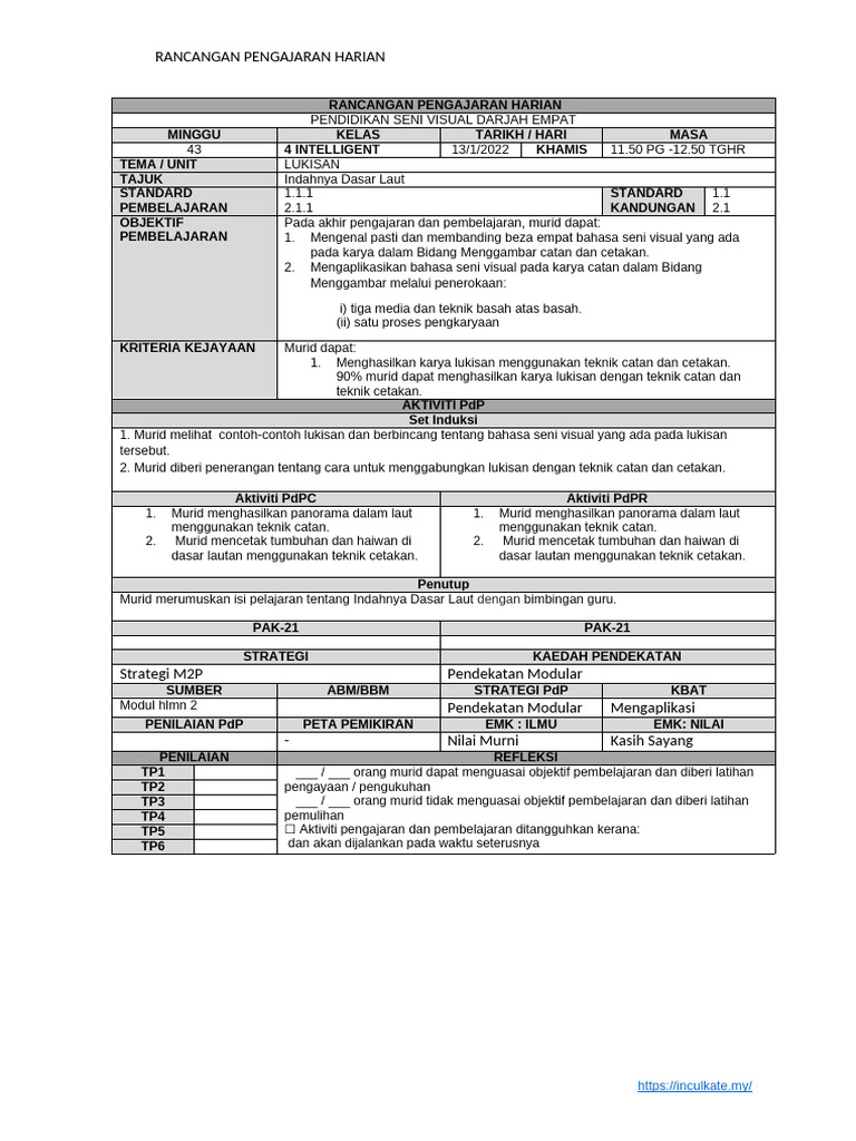 Rancangan Pengajaran Seni Visual 4 | PDF