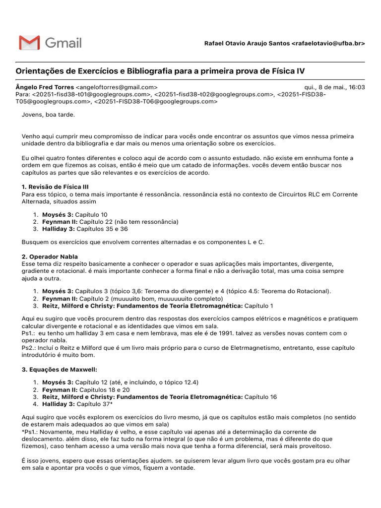 Orientações para Prova de Física IV | PDF | Física | Eletromagnetismo