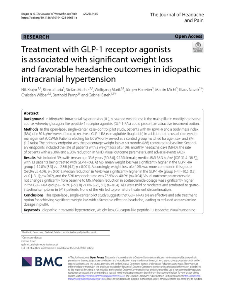 GLP1 Agonist - Less Headache in IIH - 2023 | PDF | Nervous System ...