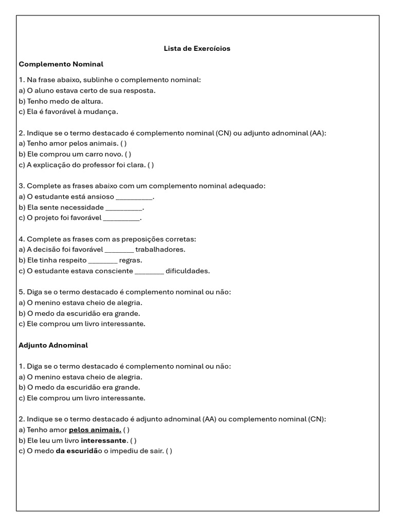 Exercícios sobre Complemento Nominal | PDF