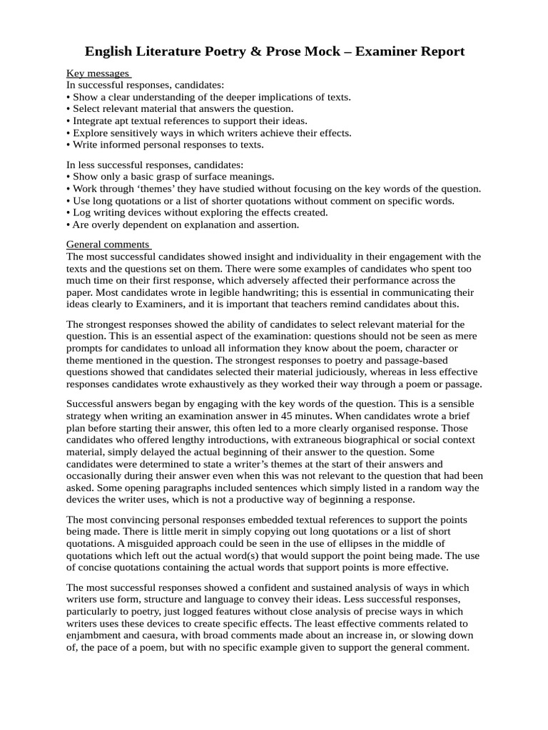 Poetry & Prose Examiner Report Insights | PDF | Poetry | To Kill A ...