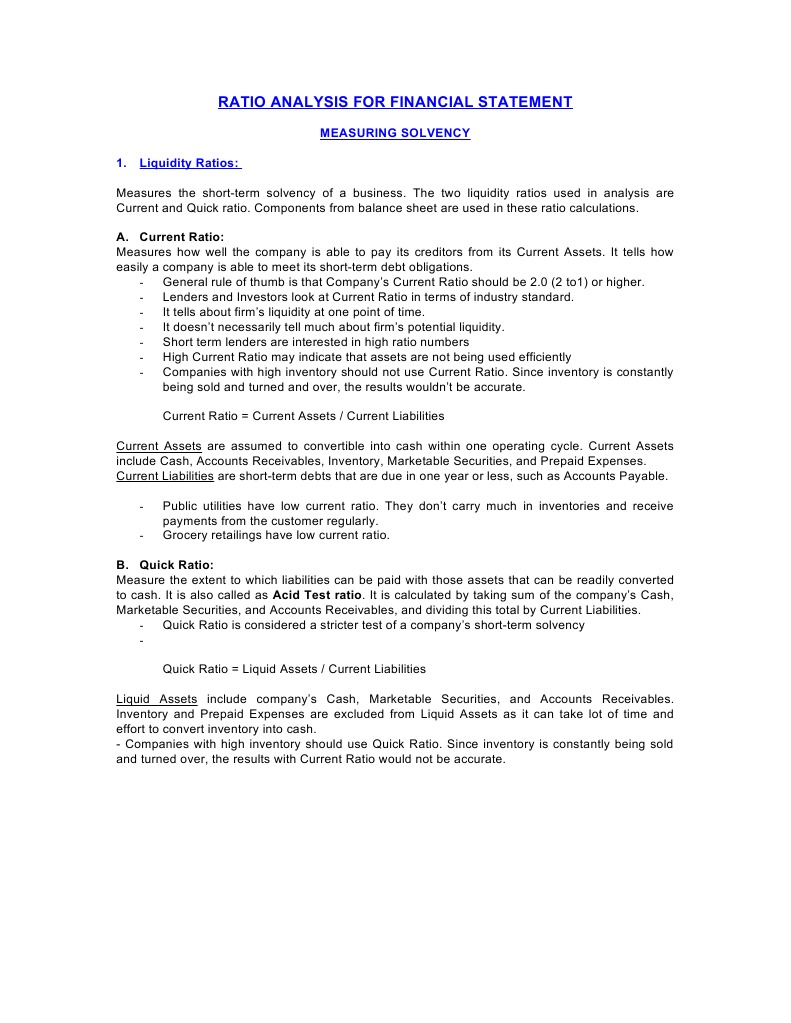 Ratio Analysis For Financial Statements | PDF | Finance & Money Management