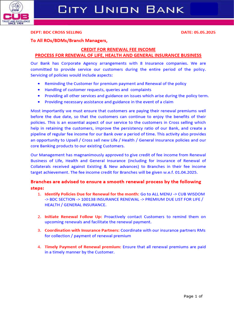 Credit For Renewal Fee Income | PDF | Insurance | Banks