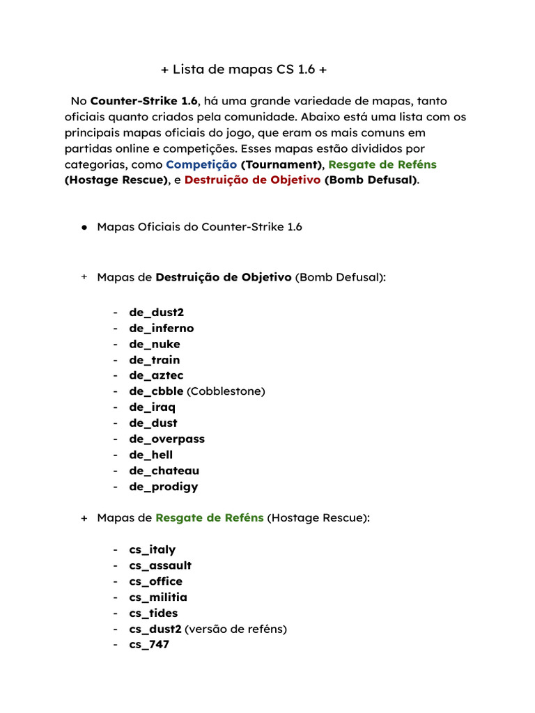 Lista de Mapas CS 1.6 | PDF | Videogames Multiplayer | Jogos on-line