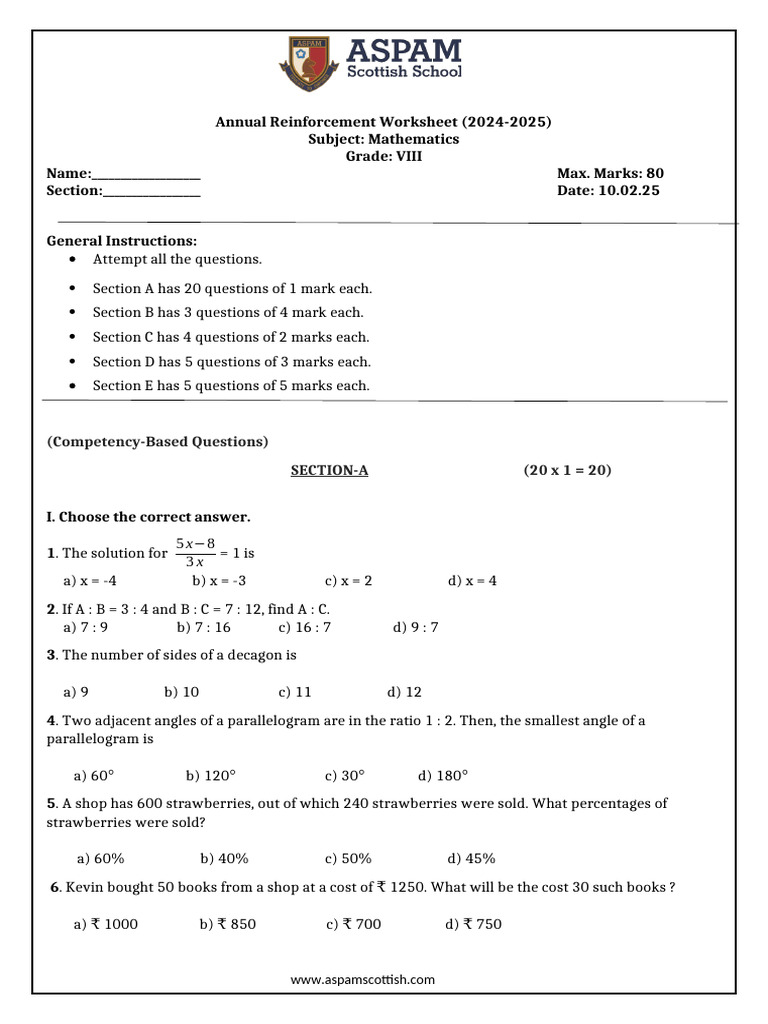 VIII Grade Math Annual Worksheet 2024-25 | PDF | Area | Mathematics
